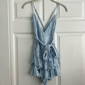 Baby blue polka dot romper